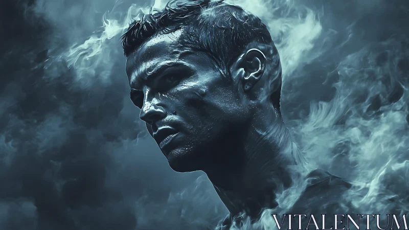 Vapor‑shrouded male portrait renders sculpted metallic skin