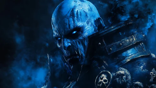 Armored blue undead warrior in dark atmospheric portrait.