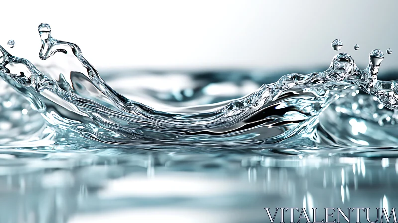 Close-up water splash with suspended droplets on surface.