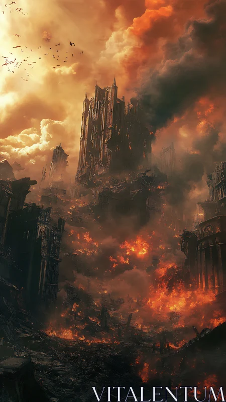 Apocalyptic Cathedral in Flames: Digital Destruction Scene.
