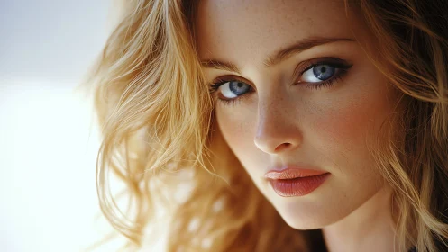 Soft golden portrait highlights striking blue eyes beautifully.