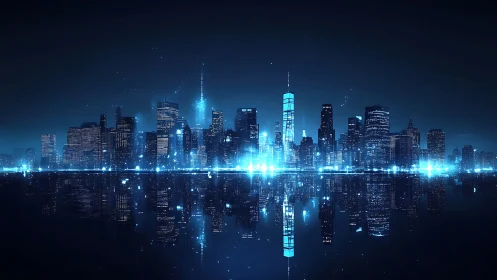 Futuristic blue city skyline with reflective waterfront surface.
