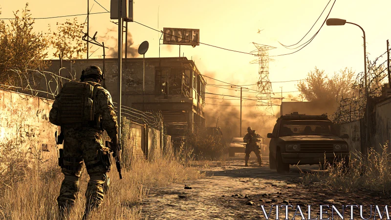 Tactical infantry patrol in sepia-lit urban conflict zone.