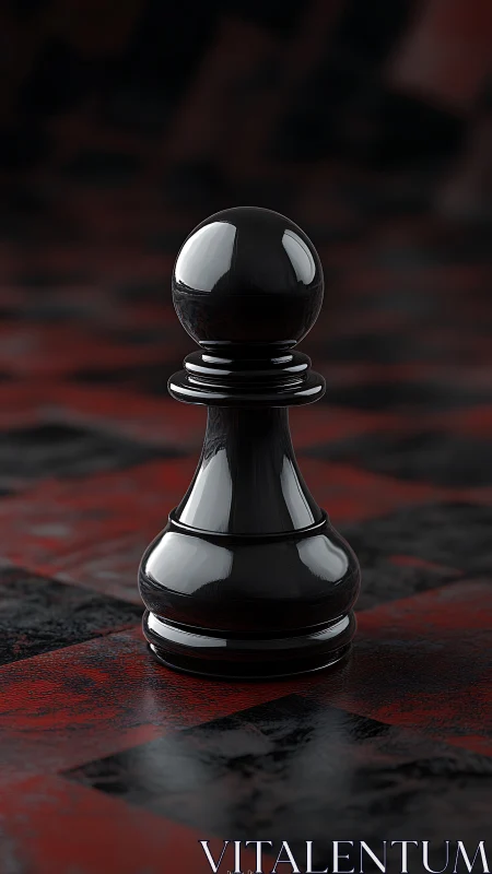 Glossy black chess pawn stands ready on a dark red board