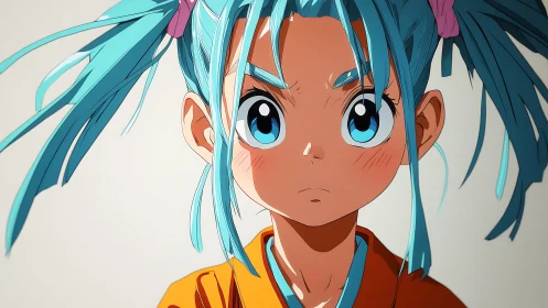Blue-haired anime girl stares ahead with fierce resolve