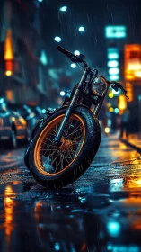 Custom motorcycle leans into neon rain on slick city street.