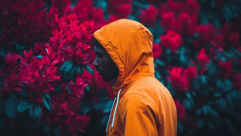 Person in orange hooded jacket beside dense red foliage.