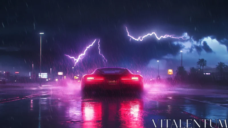 Neon thunderstorm crowns a lone supercar on rain-slick streets