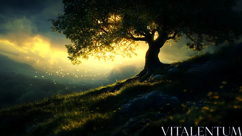 Backlit lone tree on hillside at glowing sunset.