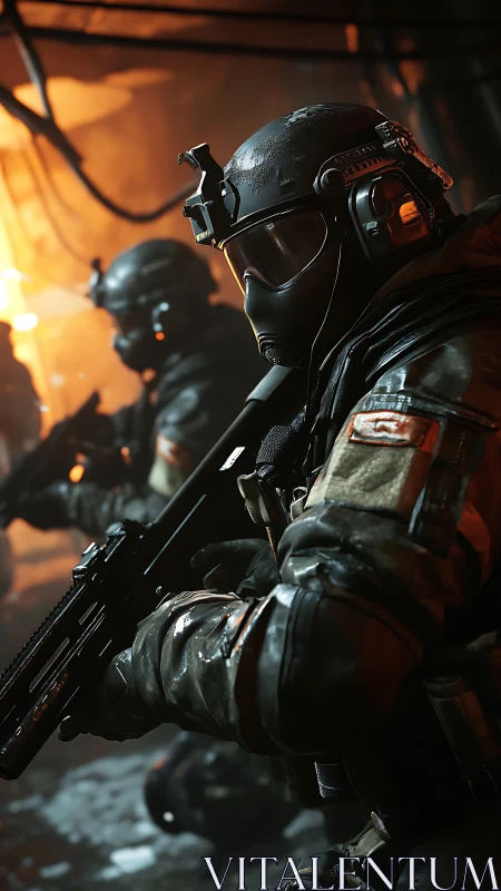 Tactical shadows sharpen as armored operators breach firelit steel