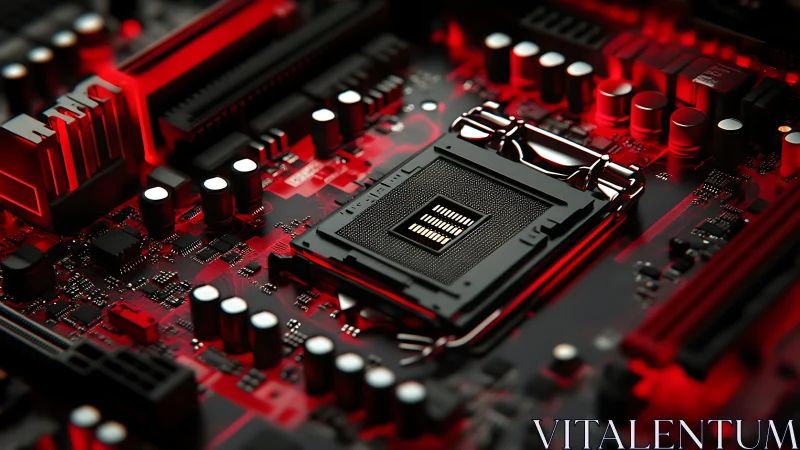 Red-lit CPU socket on high-density gaming motherboard.