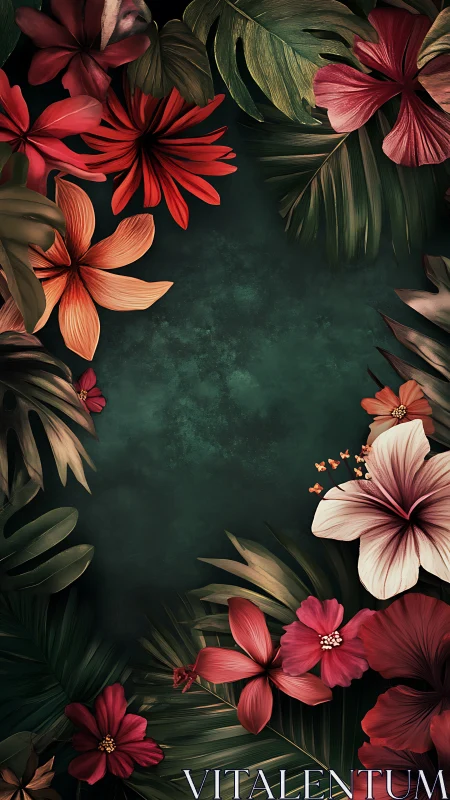 Tropical flowers arranged border frame dark teal textured backdrop