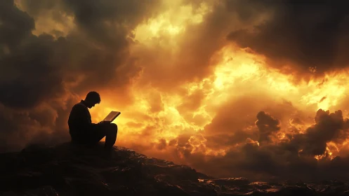 Silhouetted laptop user studies data beneath dramatic storm sky