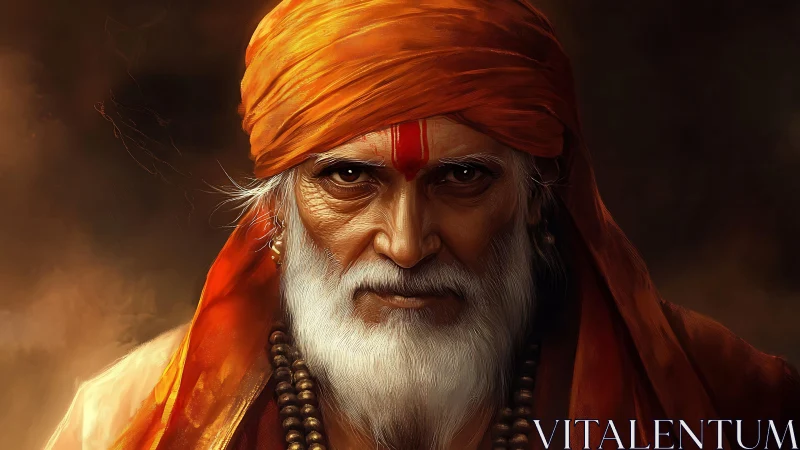 Elderly Indian sage portrait with orange turban and tilak mark
