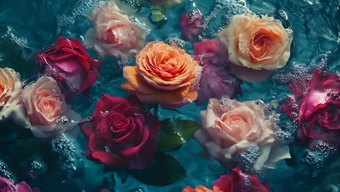 Roses floating in turquoise water with crystalline glitter particles