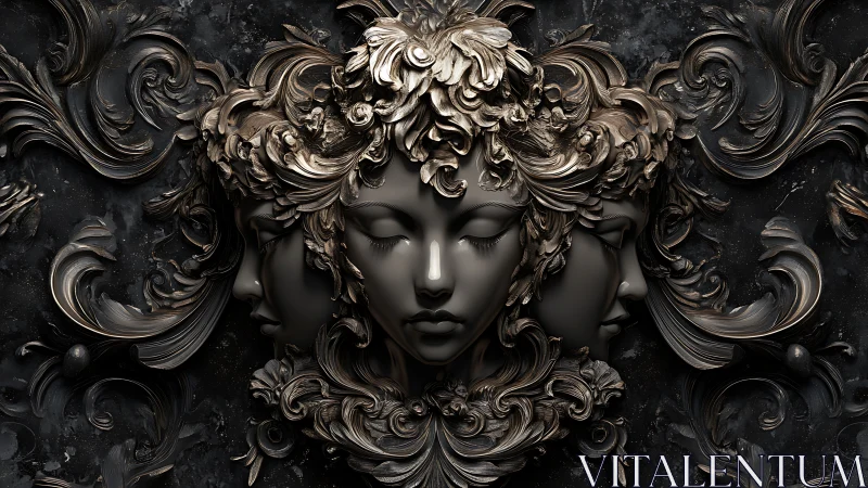 Triple sculpted faces with ornate metallic floral motifs.