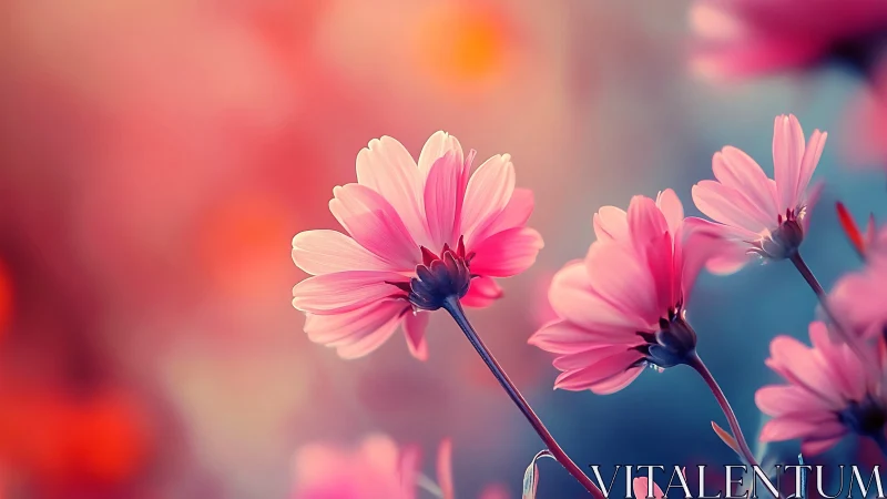 Pink cosmos flowers bloom in radiant dreamlike light.