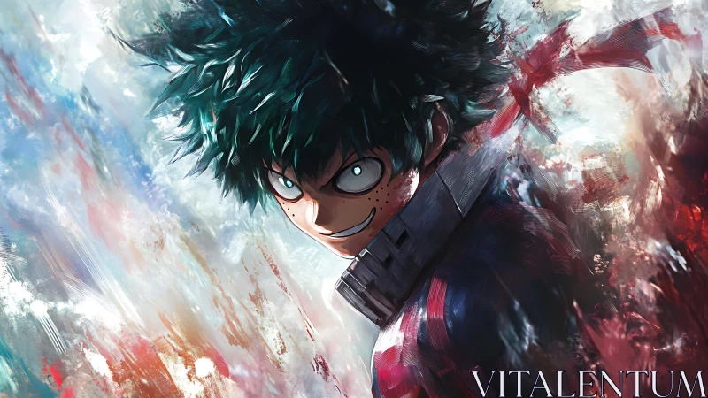 Energetic anime hero amid turbulent chromatic brushfields.