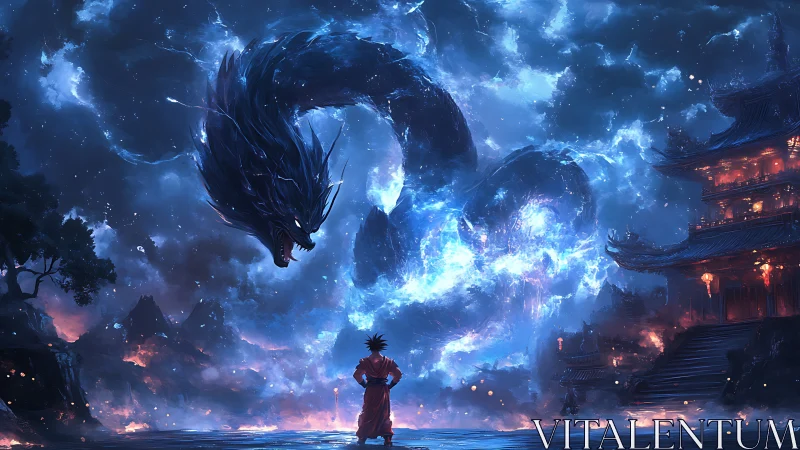 Night sky dragon coils above a lone warrior in glowing mist