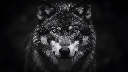 Monochrome wolf portrait with intense forward gaze.