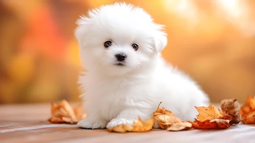 White fluffy puppy rests on wooden floor amid dry leaves