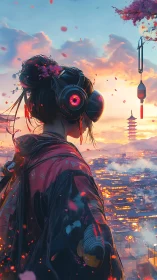 Cyber samurai girl watches neon dusk over floating city.
