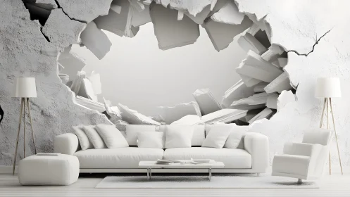 Modern living room with 3D cracked wall mural and minimalist decor.