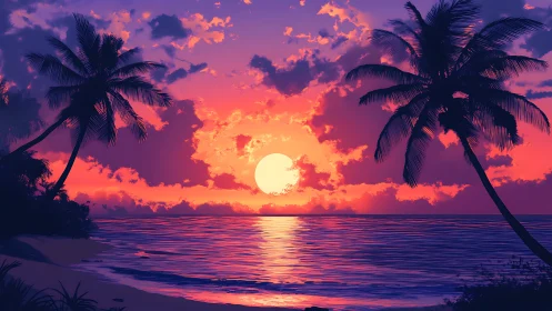 Vibrant tropical beach sunset frames low sun between palms