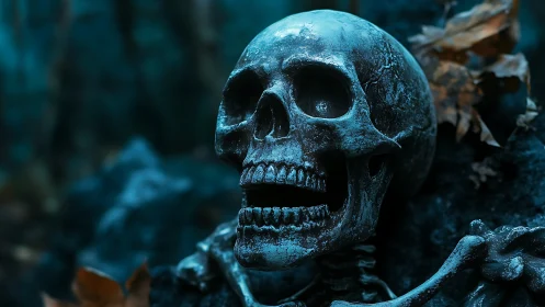 Weathered forest skull glowing in cool, mysterious light.