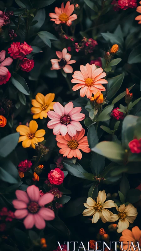 Garden flowers in full bloom display vivid warm color palette.