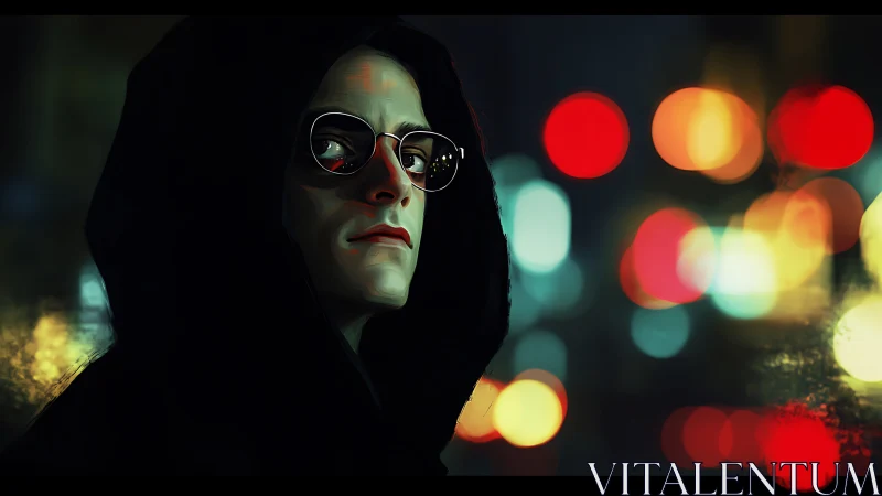 Hooded figure in sunglasses against blurred city lights.