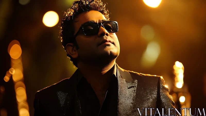 Singer in shimmering suit under golden stage lights.