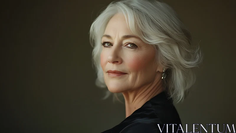 Elegant mature woman with silver hair in soft natural portrait.