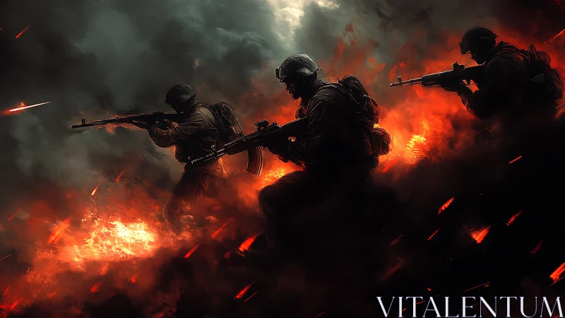 Soldiers moving through firelit smoke in intense battle.