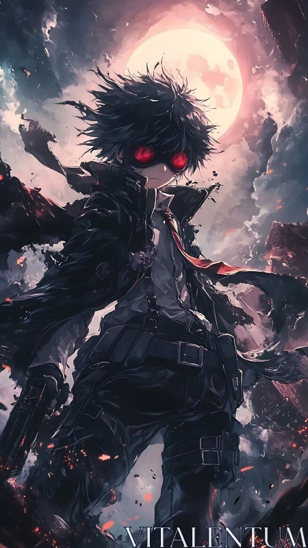 Dark anime gunfighter with glowing red eyes under moon.