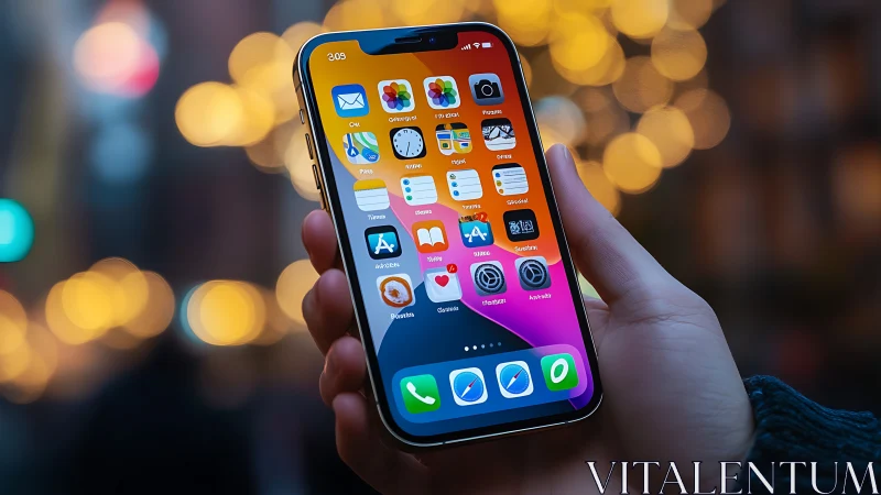 iPhone home screen display held against bokeh-blurred cityscape backdrop