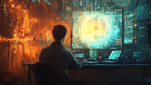 Lone coder navigates a swirling neon data vortex at night.