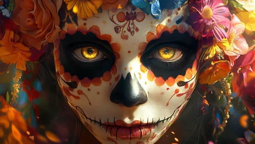 Catrina portrait with vivid marigolds frames glowing golden eyes