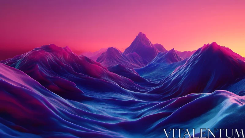 Neon lit digital mountains extend under a vivid gradient sky