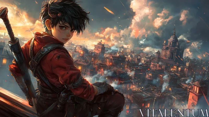 Streetwise swordbearer watching a city of sparks burn softly.