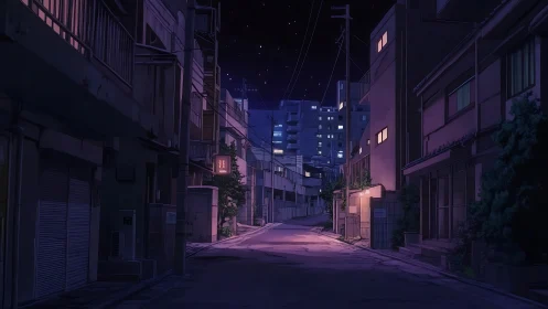 Quiet neon alley under softened starlit city skies.