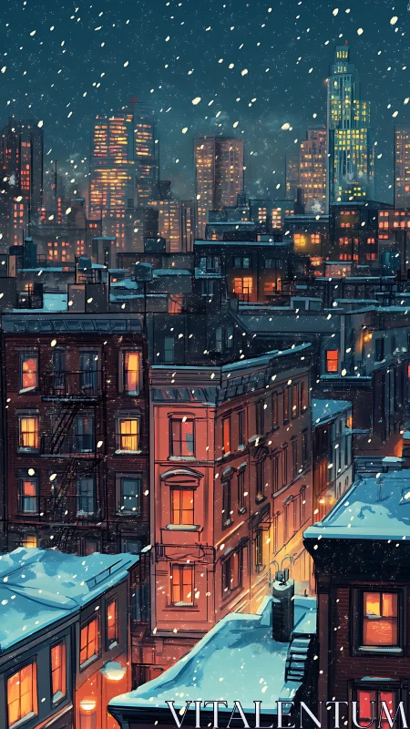 Snowlit city rooftops glow with winter-window warmth tonight.