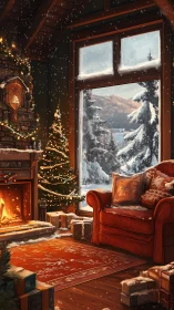 Cozy winter cabin interior with glowing fireplace and snow