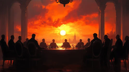 Silhouetted council at grand table against incendiary sunset sky