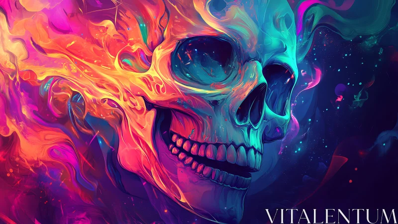 Chromatic skull with swirling abstract flame forms.