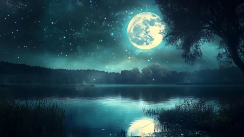 Moon drenched lake whispering under a velvet starfield dream.