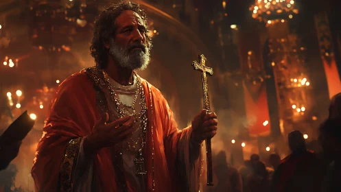 Elderly cleric in ornate vestments holds gilded processional cross