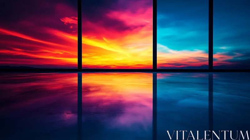 Panoramic glass wall captures high-saturation sunset gradient reflection