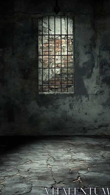 Decayed prison cell interior with barred window and cracked floor.