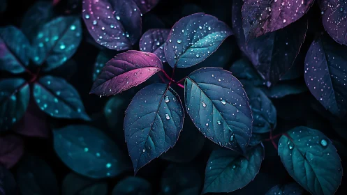 Moody neon leaves shimmer softly under lingering raindrops